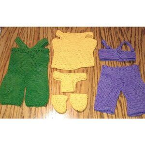 Lot Of 3 Vintage Crocheted 8-12" Doll Outfits Undies Socks Tops Pants Bright LNC